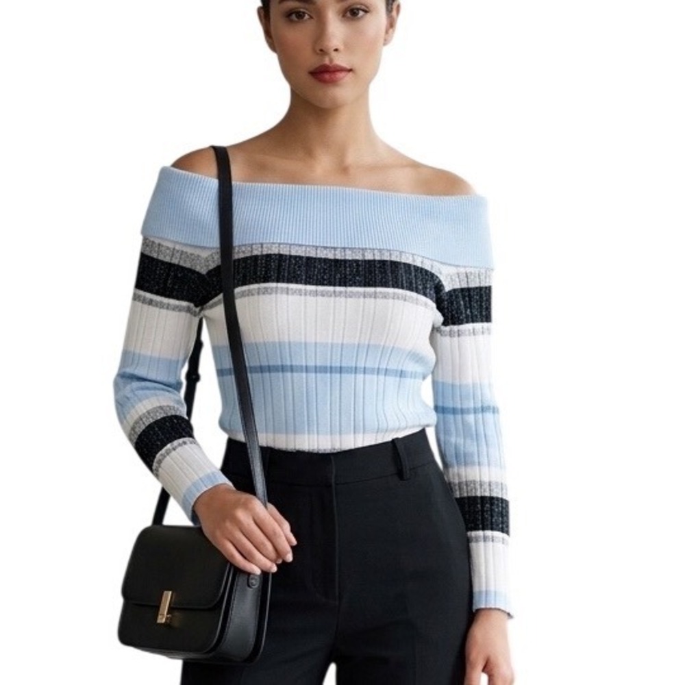 Jones New York Womens XS Striped Off The Shoulder Ribbed Knit Sweater Blue White